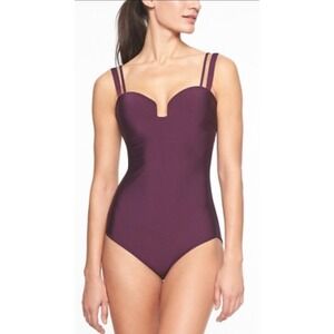 Athleta Aqualuxe Molded Square Plunge One Piece Swim Burgundy Size XL - READ